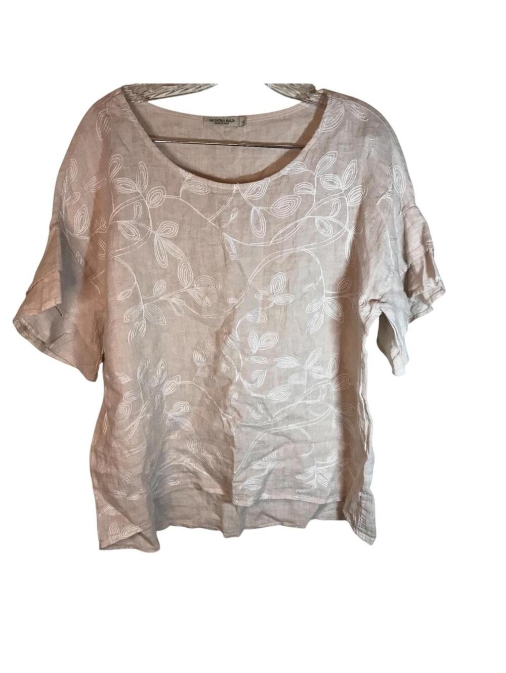 Valentina Naldi Italy Women’s short ruffle sleeve linen top L pink embroidered